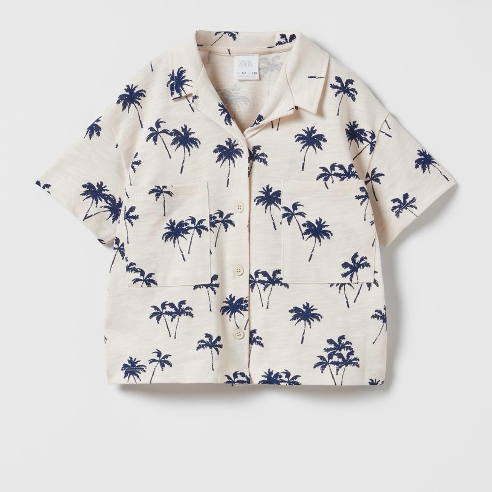 Zara| Kids Beige and Blue Short Sleeve Palm Pajama Set- S 11-12